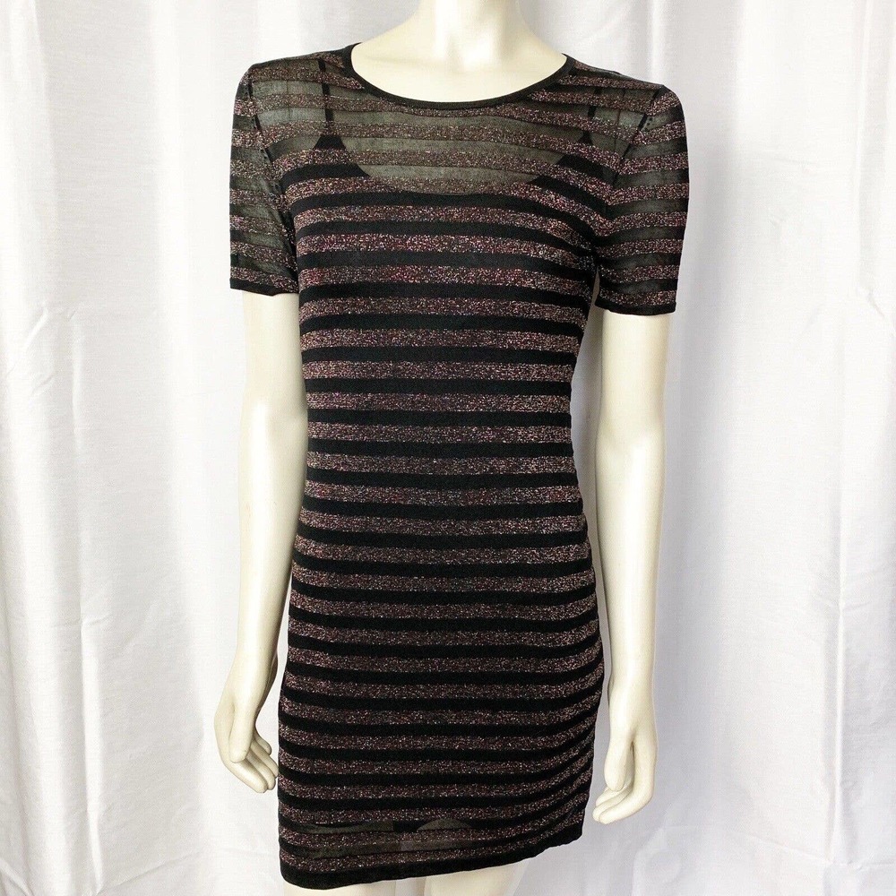 Trina Turk Black Mesh Sparkle Stripe Mini Dress XS Sheer Metallic Party